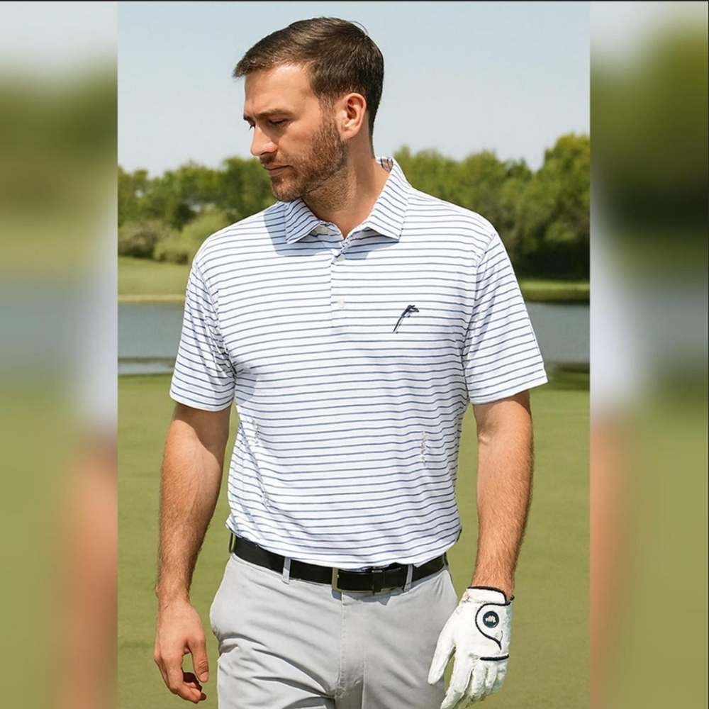 Houlderness & Bourne Men's White&Blue Striped Performance Polo Golf Shirt XL NWT